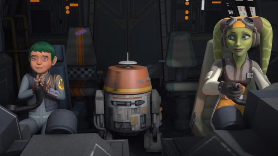 Droid Chopper between pilots young green-haired Jacen and His mother Hera Syndulla on Star Wars Rebels
