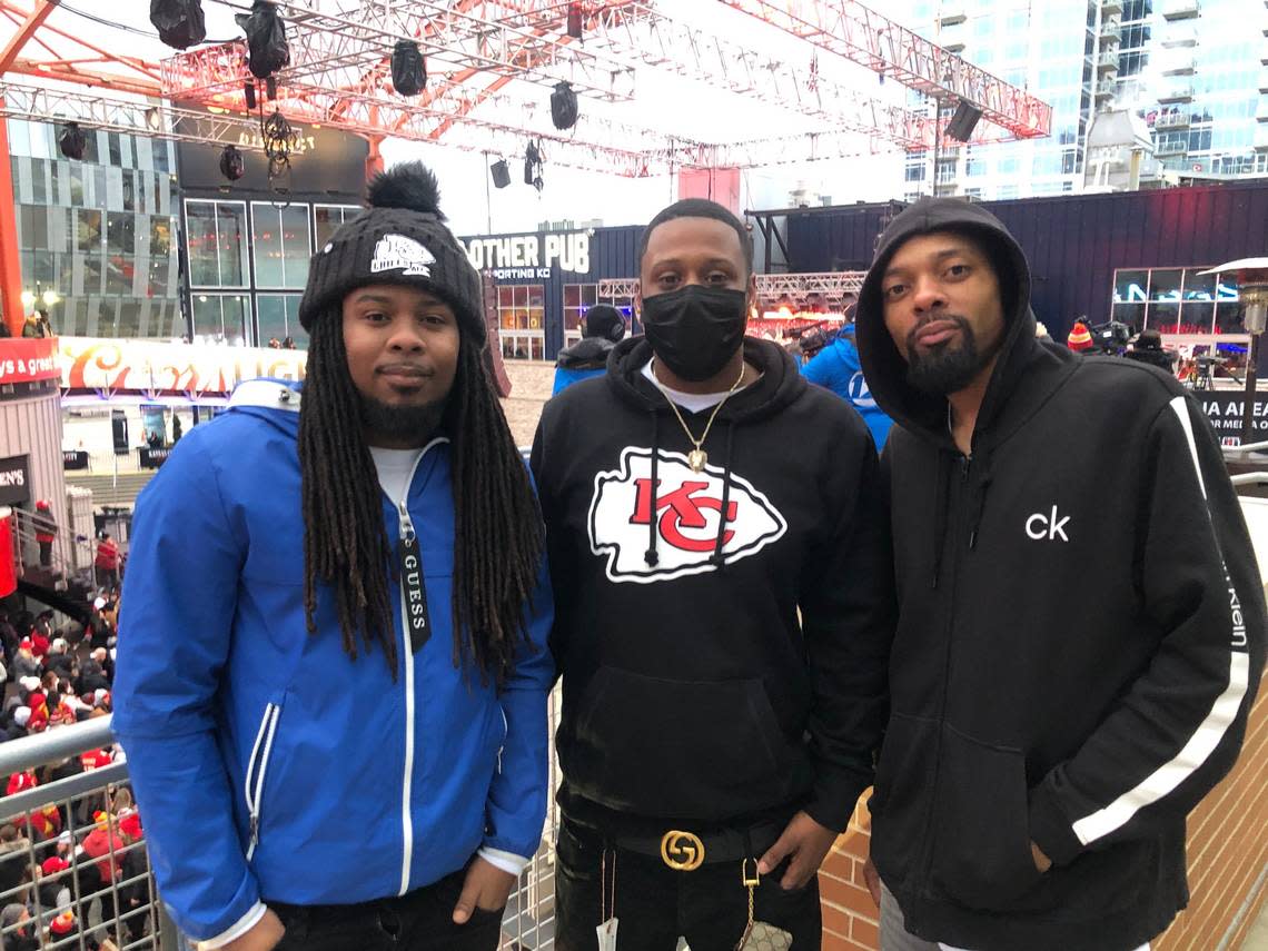 Damarko Pannell, 29, of Kansas City, Deval Walker, 30, of Kansas City, and Keire Barnett, 35, of Kansas City, are hoping for a Chiefs win to make up for last year’s playoff loss.