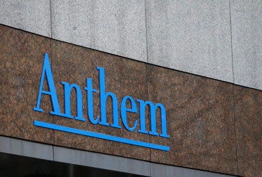 This Wednesday, Dec. 3, 2014, file photo shows the Anthem logo at the company's corporate headquarters in Indianapolis.