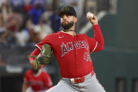 Los Angeles Angels starting pitcher Patrick Sandoval (43) delivers against the against the Texas Rangers in the third inning of a baseball game Saturday, May 18, 2024, in Arlington, Texas. (AP Photo/Richard W. Rodriguez)