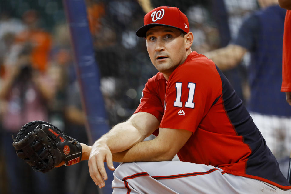 FILE - In this Oct. 22, 2019, file photo, Washington Nationals first baseman Ryan Zimmerman prepares to take batting practice before Game 1 of the baseball team's World Series against the Houston Astros in Houston. In this week's installment, Zimmerman discusses his thoughts on retirement. (AP Photo/Matt Slocum, File)