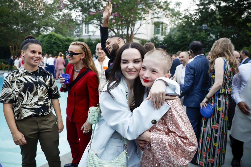 Dove Cameron, left,  attends a Pride Celebration hosted by Kamala Harris, in Washington, D.C. (Tasos Katopodis / Getty Images for GLAAD)