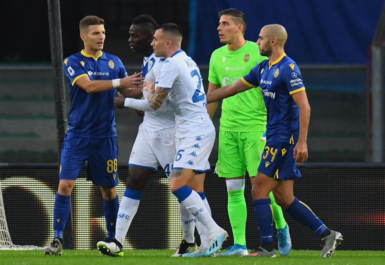 VERONA, ITALY - NOVEMBER 03:  Mario Balotelli #45 of Brescia Calcio reacts to racist chants from Verona fans during the Serie A match between Hellas Verona and Brescia Calcio at Stadio Marcantonio Bentegodi on November 3, 2019 in Verona, Italy.  (Photo by Alessandro Sabattini/Getty Images)