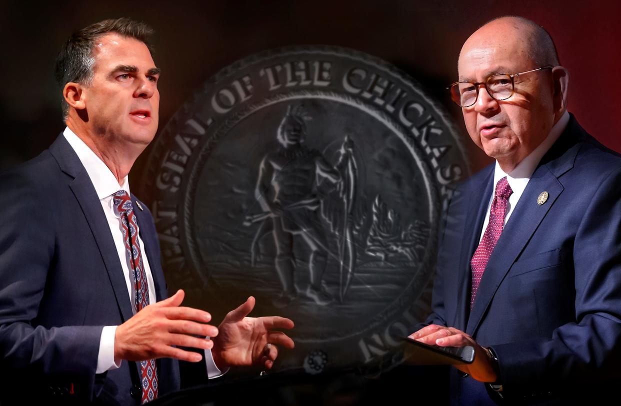 Oklahoma Gov. Kevin Stitt, left, and Chickasaw Nation Gov. Bill Anoatubby are pictured in this photo illustration.