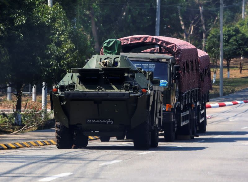 Myanmar Army armoured vehicles are seen after the military seized power in a coup in Naypyitaw