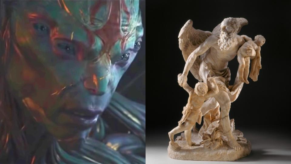 The Eternals' Kro who is based on Cronus and an image of a statue of the god