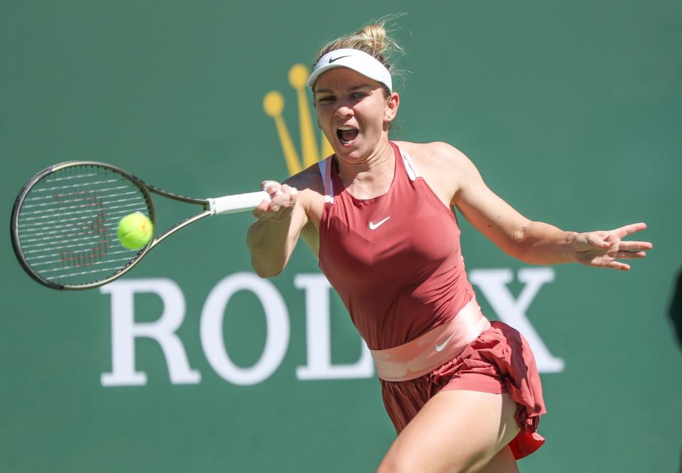 Simona Halep hits a shot during her win over Sorana Cirstea during the BNP Paribas Open in Indian Wells, Calif., March 15, 2022.