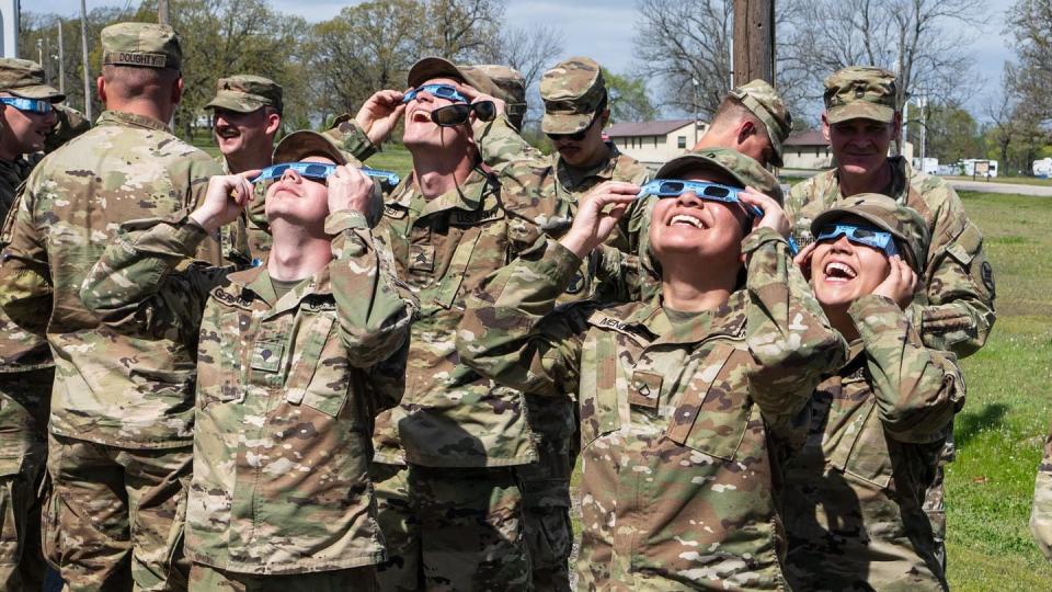 Soldiers and airmen of the Arkansas National Guard are receiving eclipse glasses at armories and bases around the state in preparation for the 2024 eclipse that will have a path of totality that covers two-thirds of the state on April 8. (Sgt. 1st Class Jim Heuston/Arkansas Army National Guard)