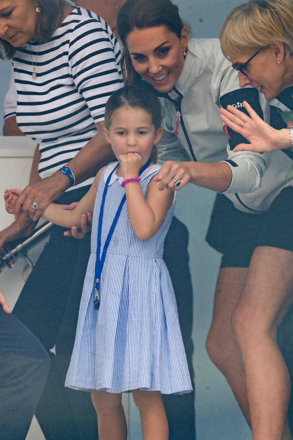 COWES, ENGLAND - AUGUST 08: Princess Charlotte of Cambridge and  Catherine, Duchess of Cambridge having fun together after the inaugural King’s Cup regatta hosted by the Duke and Duchess of Cambridge on August 08, 2019 in Cowes, England. Their Royal Highnesses hope that The King’s Cup will become an annual event bringing greater awareness to the wider benefits of sport, whilst also raising support and funds for Action on Addiction, Place2Be, the Anna Freud National Centre for Children and Families, The Royal Foundation, Child Bereavement UK, Centrepoint, London’s Air Ambulance Charity and Tusk. (Photo by Chris Jackson/Getty Images)