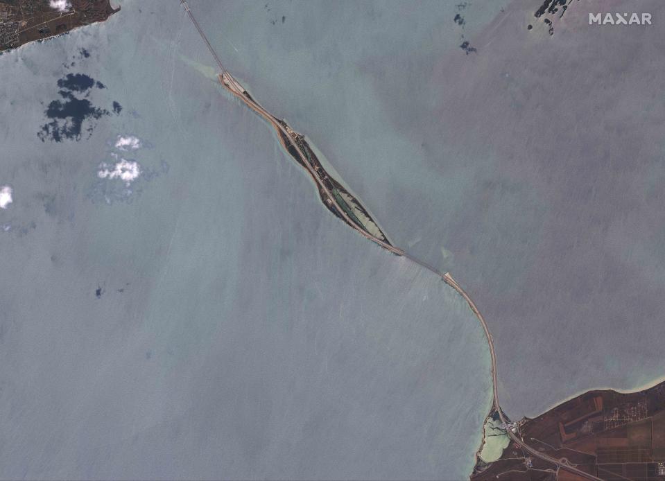 This image provided by Maxar Technologies, shows the Crimean Bridge connecting Russian mainland and Crimean peninsula over the Kerch Strait not far from Kerch, Crimea on Monday, July 17, 2023. (Satellite image ©2023 Maxar Technologies via AP)