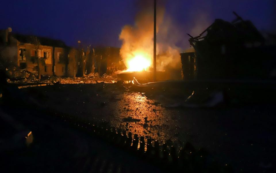 Burned Russian machinery which was hit by shelling is seen in small city of Borodyanka near Kyiv  - Shutterstock