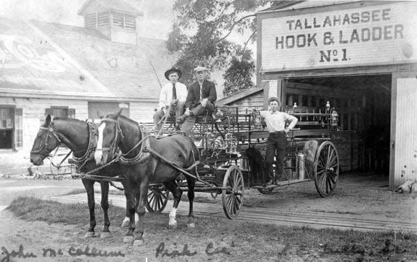 The great Tallahassee fire of 1843 took place years before the first hook and ladder truck for the Tallahassee Fire Department was purchased and used in the early 1900s. It was later attached to an automobile and became the first piece of mechanized equipment.