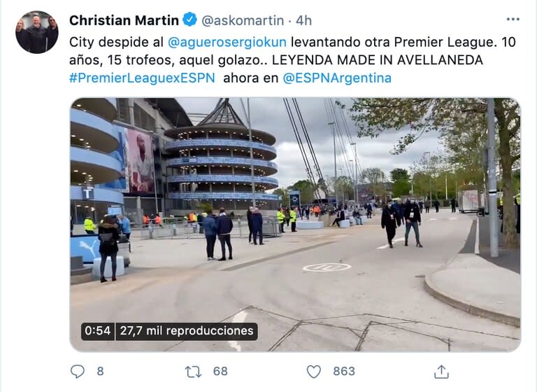 Christian Martin estuvo en el Etihad Stadium en la despedida de Agüero