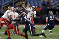 East quarterback James Morgan, of Florida International, (12) throws a pass against the East during the first half of the East West Shrine football game Saturday, Jan. 18, 2020, in St. Petersburg, Fla. (AP Photo/Chris O'Meara)