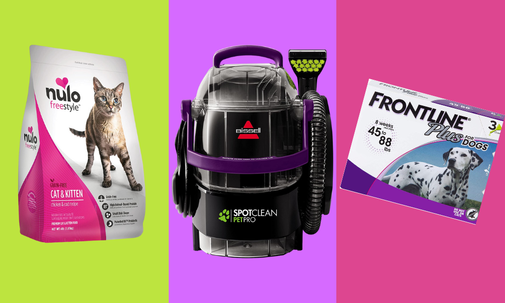 nulo cat food, bissell vacuum, box of frontline plus