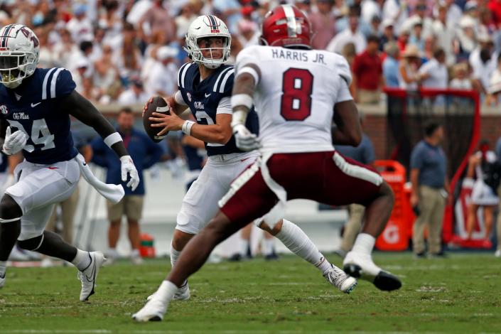 Sep 3, 2022; Oxford, Mississippi, USA; Mississippi Rebels quarterback Jaxson Dart (2) passes the ball during the first half against the Troy Trojans at Vaught-Hemingway Stadium. Mandatory Credit: Petre Thomas-USA TODAY Sports