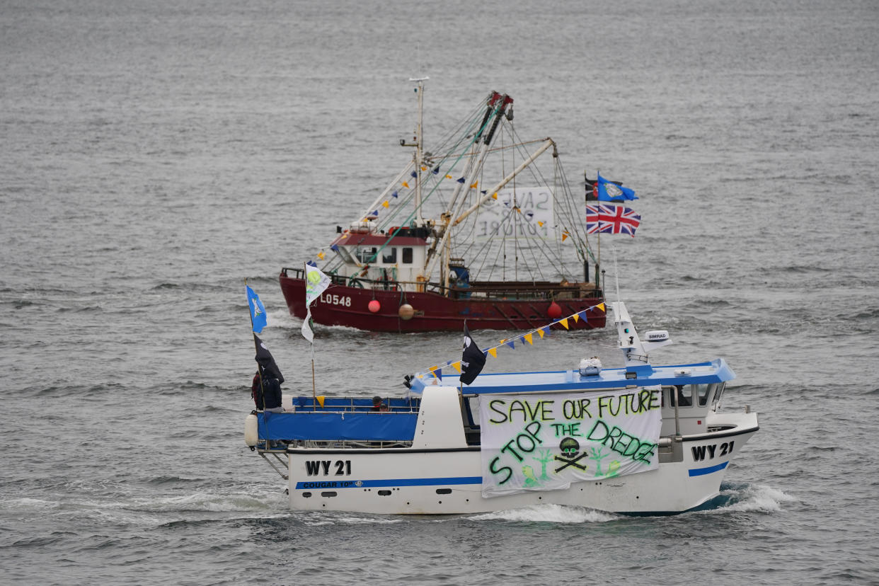 Fishing crews stage a protest in Teesport, Middlesbrough, near the mouth of the River Tees, demanding a new investigation into the mass deaths of crabs and lobsters in the area. They believe a 'dead zone' in North East inshore waters is killing marine life and 