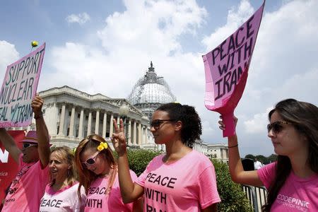 Activists deliver more than 400,000 petition signatures to Capitol Hill in support of the Iran nuclear deal in Washington July 29, 2015. Secretary of State John Kerry intensified efforts on Tuesday to beat back criticism of the Iran nuclear deal and convince U.S. lawmakers that rejecting it would give Tehran a fast track to a weapon and access to billions of dollars from collapsed sanctions. REUTERS/Yuri Gripas