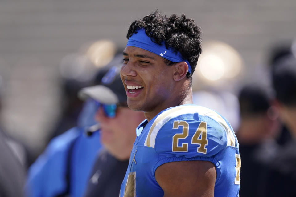 UCLA running back Zach Charbonnet stands on the sidelines during the second half of an NCAA college football game against Bowling Green Saturday, Sept. 3, 2022, in Pasadena, Calif. (AP Photo/Mark J. Terrill)