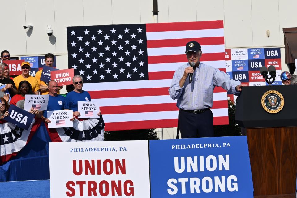 President Joe Biden addresses Sheet Metal Workers union on Sept. 4, 2023, in Philadelphia.