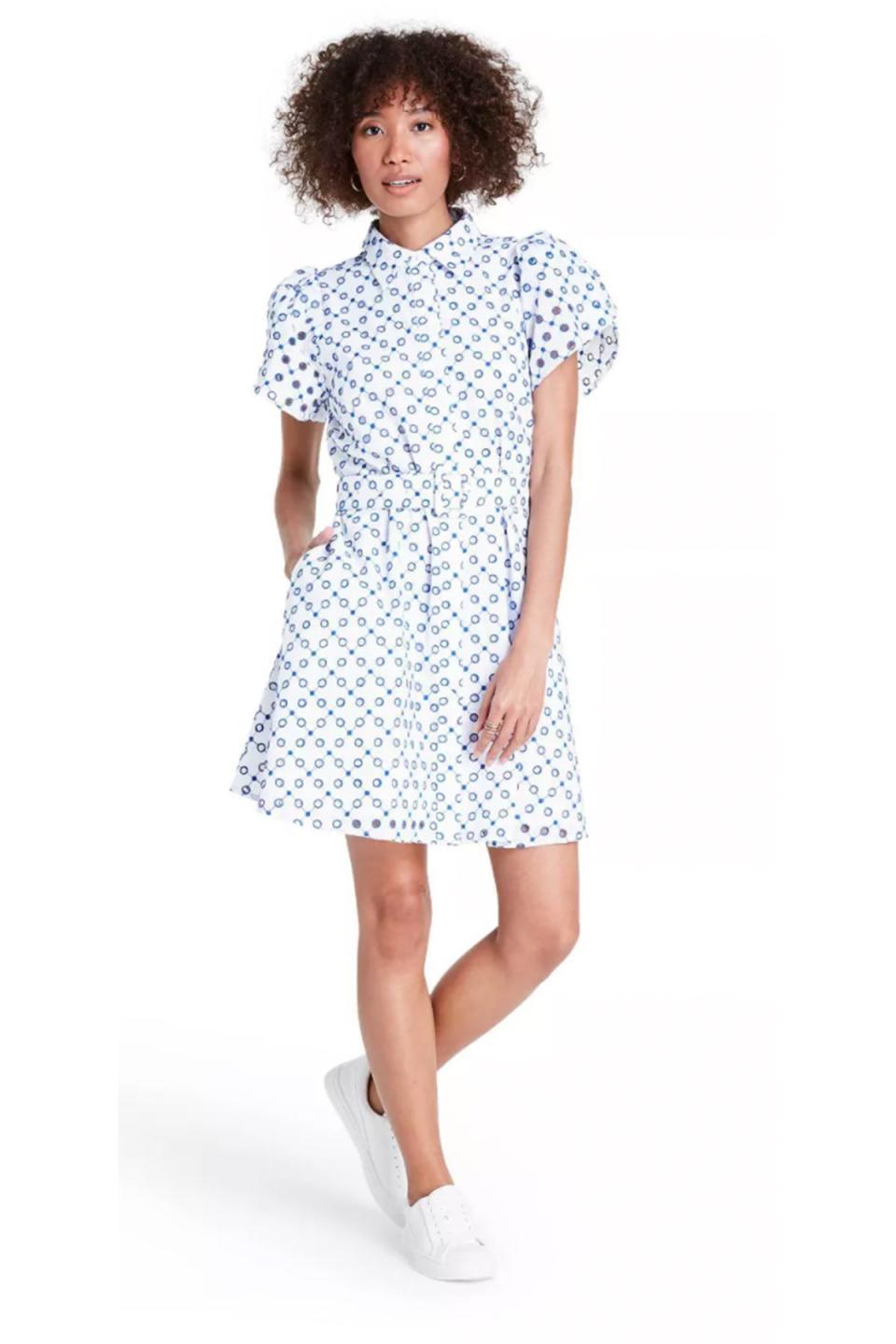 Dot Tulip Sleeve Embroidered Shirtdress