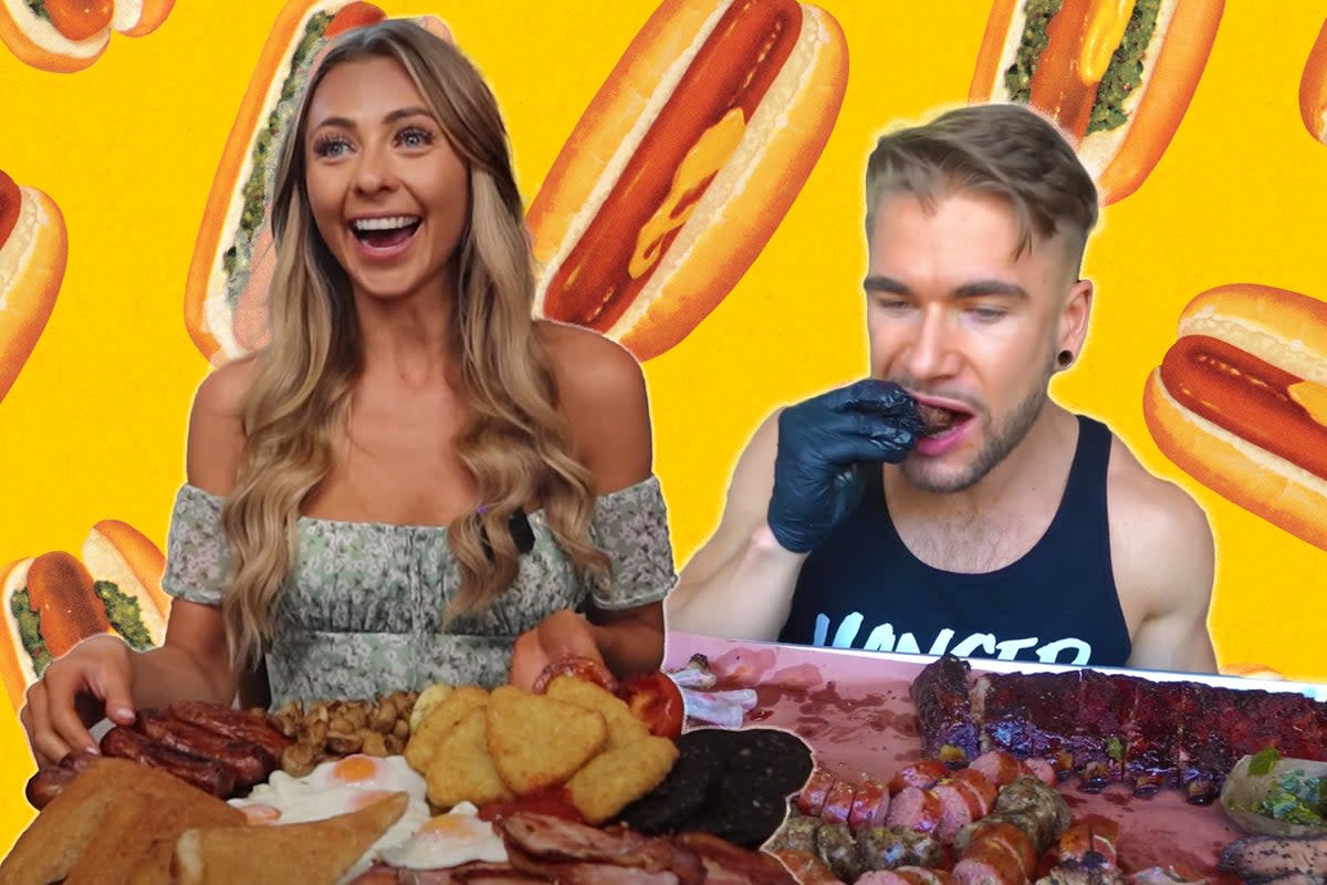 Truly madly eating: Influencers Kate Ovens and Joel Hansen prepare to devour their massive lunches (YouTube/iStock)