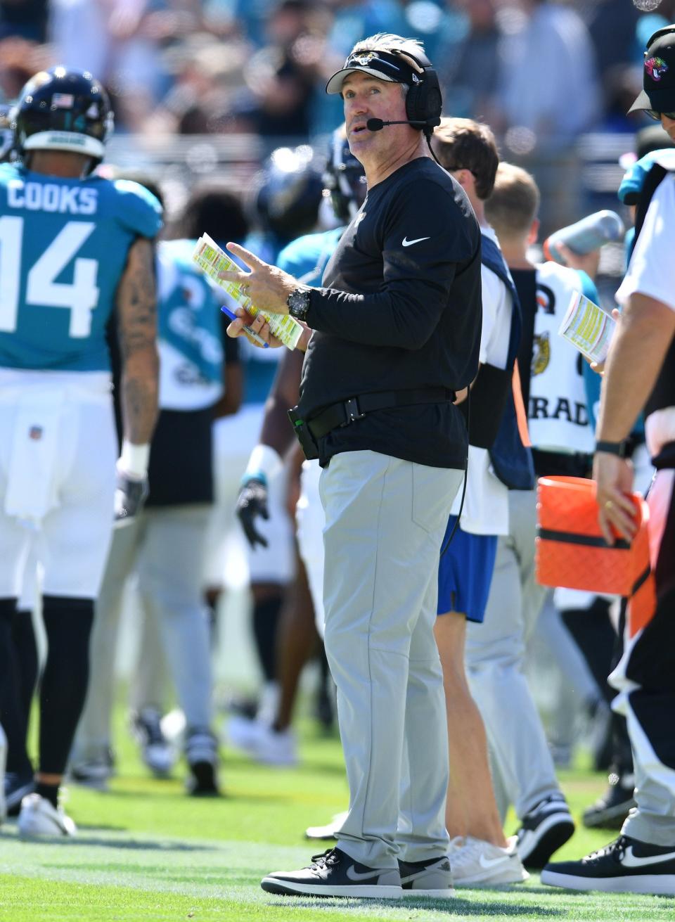 Jacksonville Jaguars head coach Doug Pederson on the sidelines during first half action. The Jacksonville Jaguars hosted the Indianapolis Colts at EverBank Stadium in Jacksonville, FL Sunday, October 15, 2023. The Jaguars ended the first half with a 21 to 6 lead. [Bob Self/Florida Times-Union]