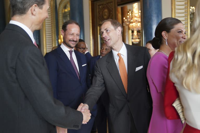 Britain's Prince Edward greets guests during a reception at Buckingham Palace in London Friday May 5, 2023, for a reception hosted by Britain's King Charles III, for overseas guests attending his coronation. (Jacob King, Pool via AP)