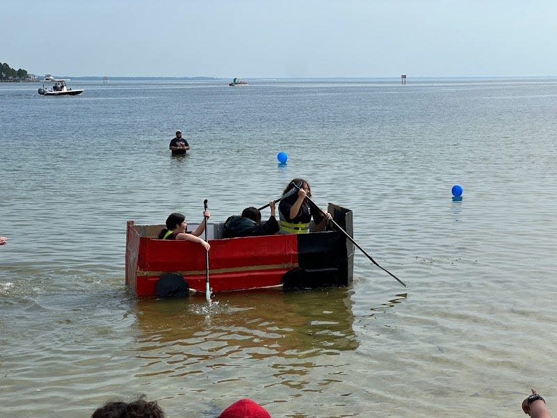 Three students created the Hogwarts Express based off the Harry Potter series. It was the first team to complete a lap in the cardboard boat race.