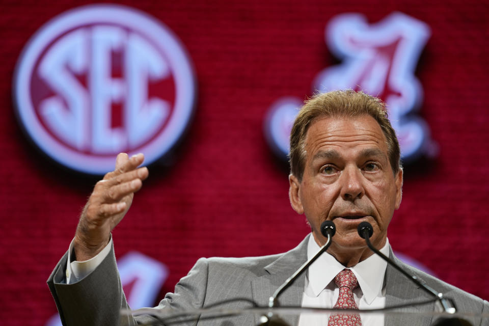 FILE - Alabama head coach Nick Saban speaks during NCAA college football Southeastern Conference Media Days, Wednesday, July 19, 2023, in Nashville, Tenn. Nick Saban, the stern coach who won seven national championships and turned Alabama back into a national powerhouse that included six of those titles in just 17 seasons, is retiring, according to multiple reports, Wednesday, Jan. 10, 2024. (AP Photo/George Walker IV, File)