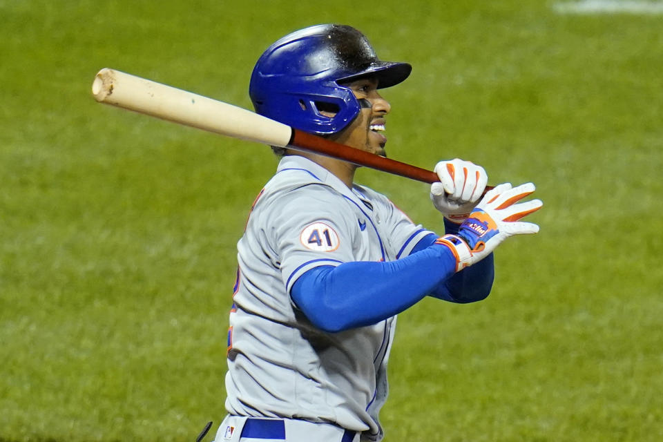 New York Mets' Francisco Lindor grounds out in the fifth inning of a baseball game against the Pittsburgh Pirates in Pittsburgh, Friday, July 16, 2021. (AP Photo/Gene J. Puskar)