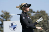 Charley Hull watches her tee shot on the fifth hole during the LPGA The Ascendant golf tournament in The Colony, Texas, Friday, Sept. 30, 2022. (AP Photo/LM Otero)