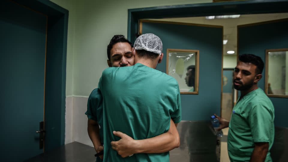 A Palestinian nurse at Nasser Hospital in Khan Younis, Gaza, mourns after receiving news that his brother was killed on November 9. - Abed Zagout/Anadolu/Getty Images