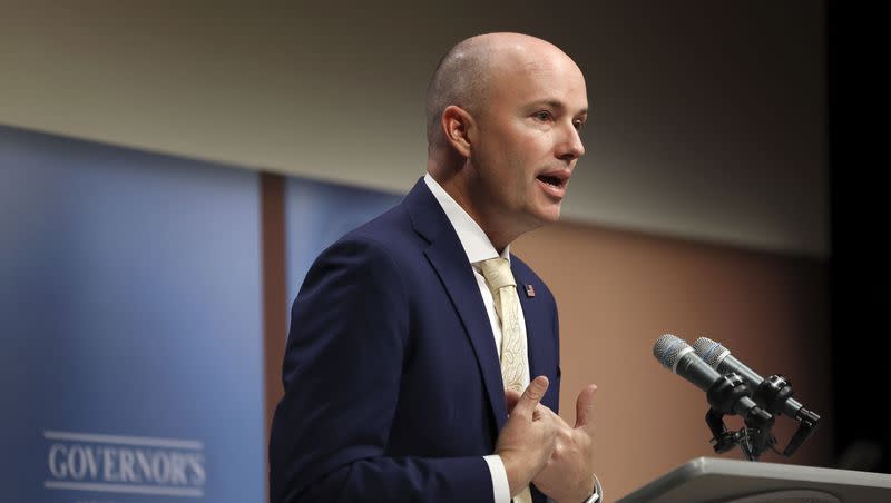 Gov. Spencer Cox speaks at the PBS Utah Governor’s Monthly News Conference at the Eccles Broadcast Center in Salt Lake City on Thursday, Oct. 19, 2023.