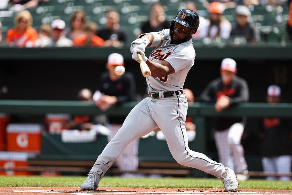 Detroit Tigers left fielder Akil Baddoo (60) singles against the Baltimore Orioles during the first inning at Oriole Park at Camden Yards in Baltimore on Sunday, April 23, 2023.