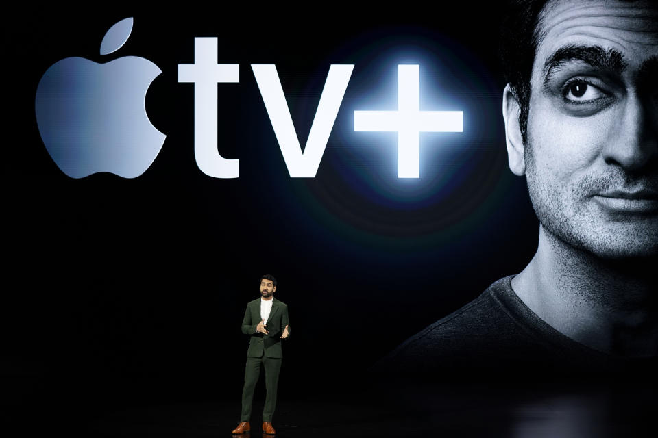 Kumail Nanjiani speaks at the Steve Jobs Theater during an event to announce new Apple products Monday, March 25, 2019, in Cupertino, Calif. (AP Photo/Tony Avelar)