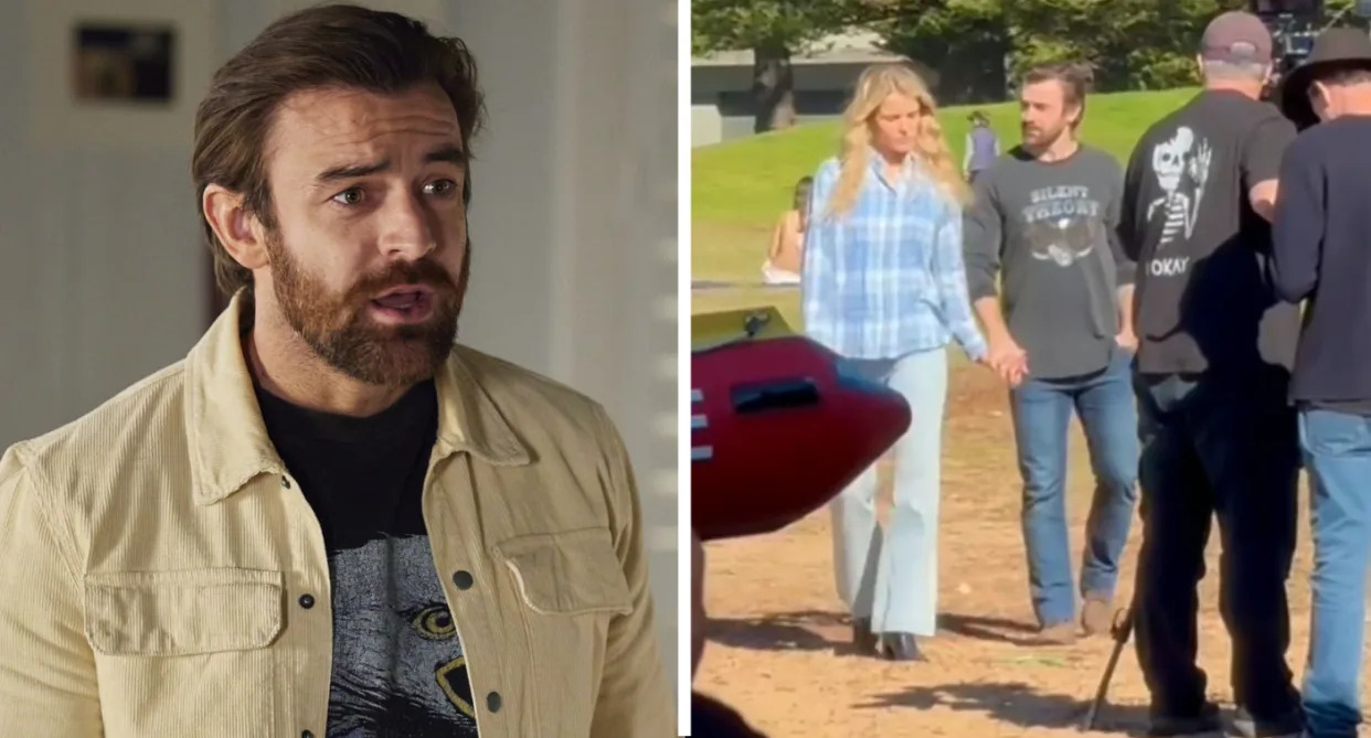 L: Adam Rowland as Remi on Home and Away. R: Remi and Bree holding hands during a scene.