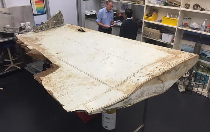 A large piece of debris from missing flight MH370 discovered on the island of Pemba, off the coast of Tanzania, in June. Image: AAP