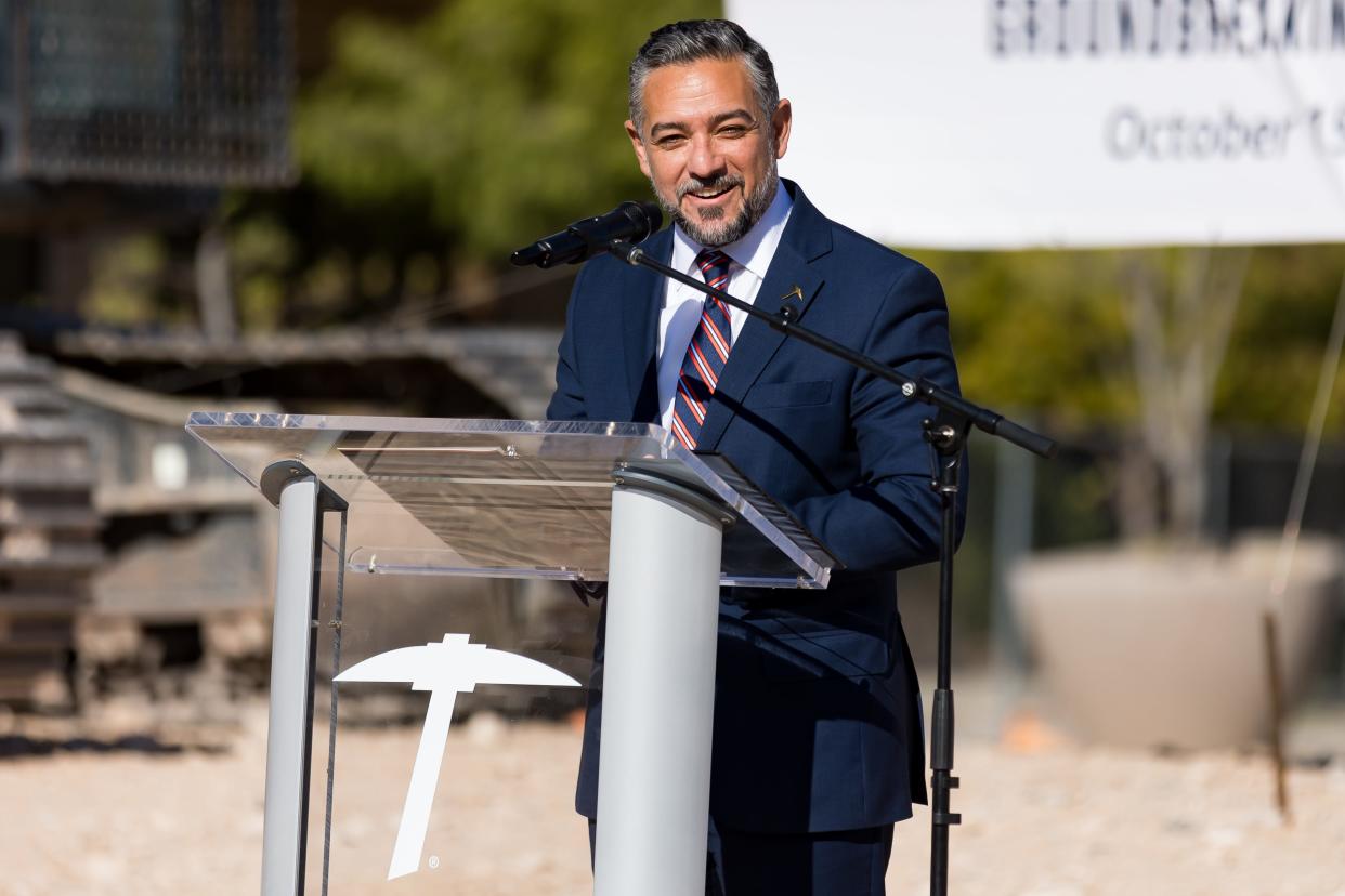 State Sen. Cesar Blanco, D-El Paso, speaks at UTEP’s groundbreaking ceremony of the Texas Western Hall on Thursday, Oct. 19, 2023. The new $100m learning complex will replace the old Liberal Arts building.