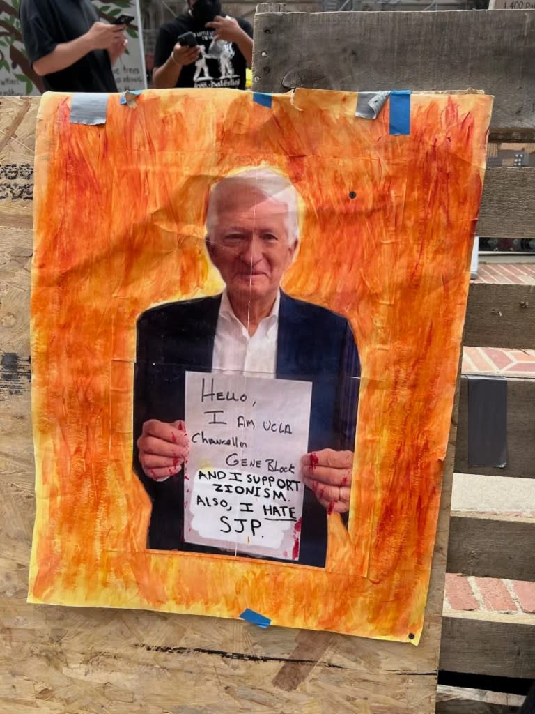 UCLA chancellor Gene D. Block is portrayed with blood on his hands (Credit: Raquel “Rocky” Harris for TheWrap)