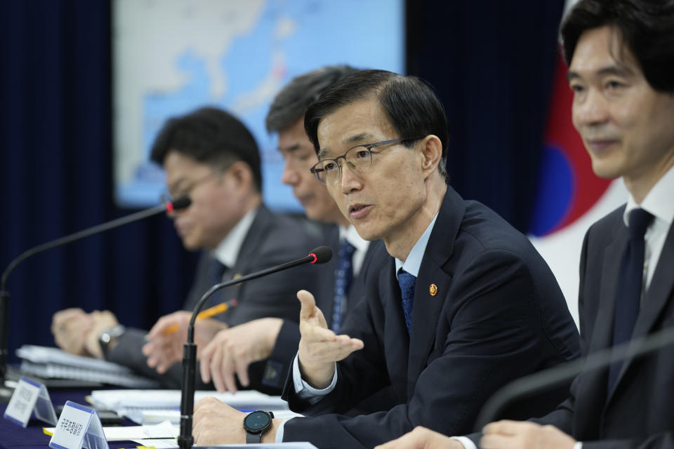 Bang Moon-kyu, South Korea's minister of the Office for Government Policy Coordination, speaks during a briefing in Seoul, South Korea, Friday, July 7, 2023. South Korean government held the briefing to explain the result of its review of Japan's treated radioactive water discharge plan and said the plan meets international standard if carried out as planned. (AP Photo/Lee Jin-man)