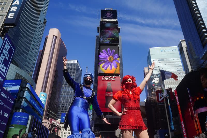 Performers take part in a pop up Broadway performance in anticipation of Broadway reopening in New York City