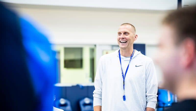 BYU men’s basketball coach Mark Pope looks over practice on the university’s campus.