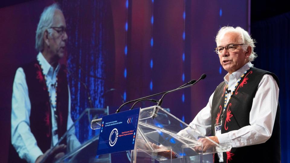 Ghislain Picard, chief of the Assembly of First Nations Quebec Labrador, addresses the Grand cercle des Premiers peuples autochtone at the Sheraton Centre in Montreal on Nov. 25, 2021.