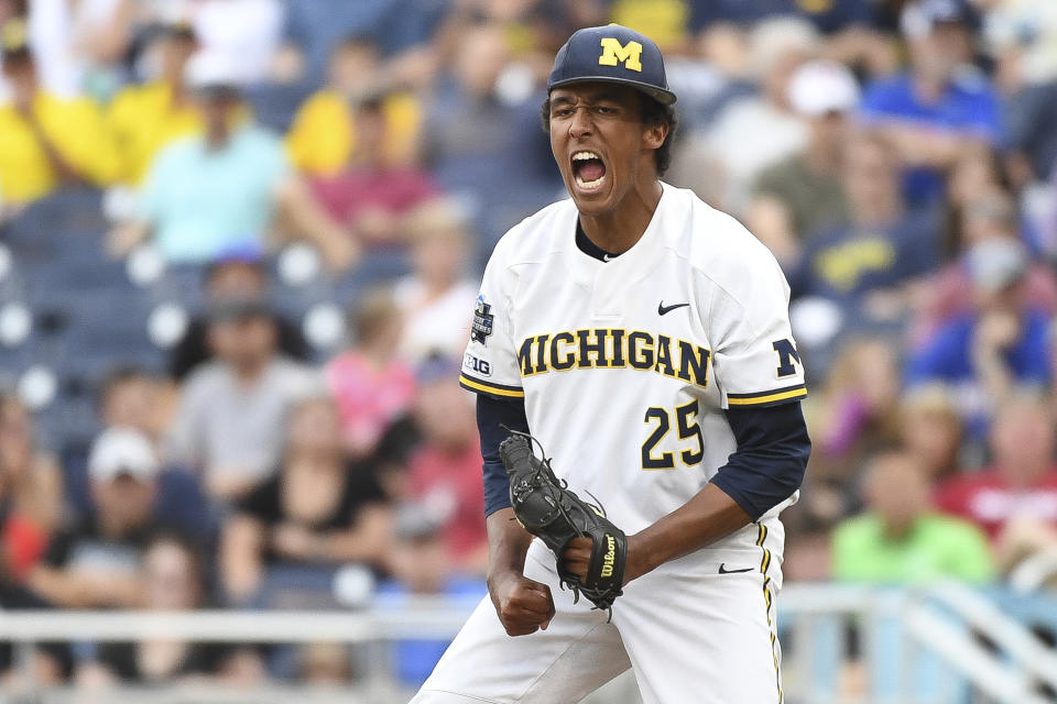 Isaiah Paige, a right-handed pitcher for Michigan seen here celebrating an out recorded against Vanderbilt in the 2019 College World Series, released a TikTok video this week with a message of hope about how baseball has united him with his teammates. (Photo by Justin Tafoya/NCAA Photos via Getty Images)