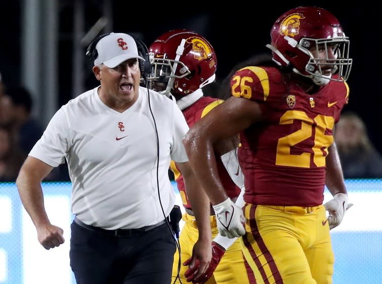 LOS ANGELES, CALIF. - SEP 11, 2021. USC head coach Clay Helton on the sideline during a game against Stanford at the Coliseum on Saturday night, Sep. 11, 2021. (Luis Sinco / Los Angeles Times)