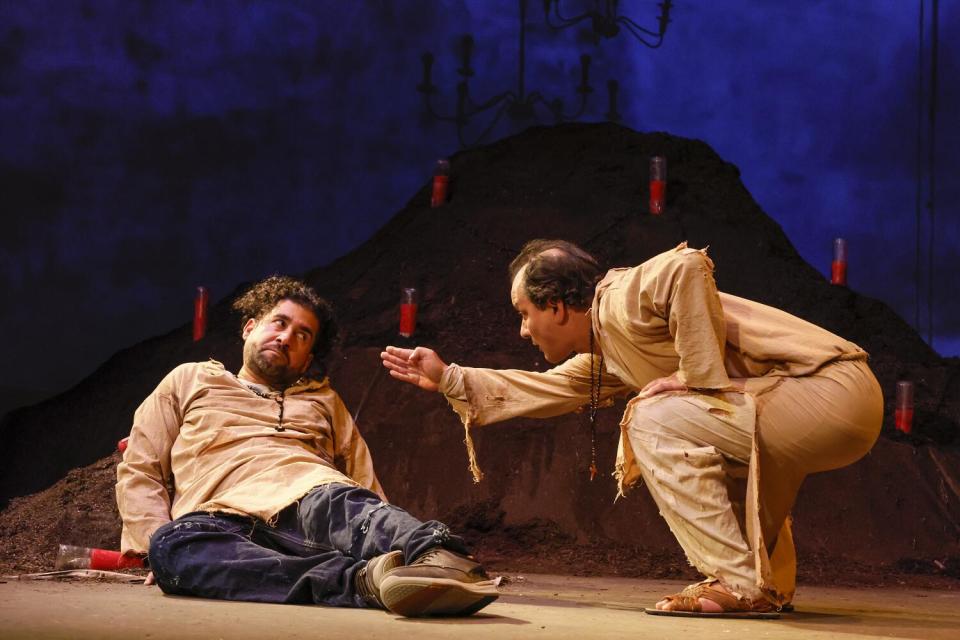 Juan Amador, left, and Sean San Jose perform a scene in "The Travelers" at Los Angeles Theatre Center.
