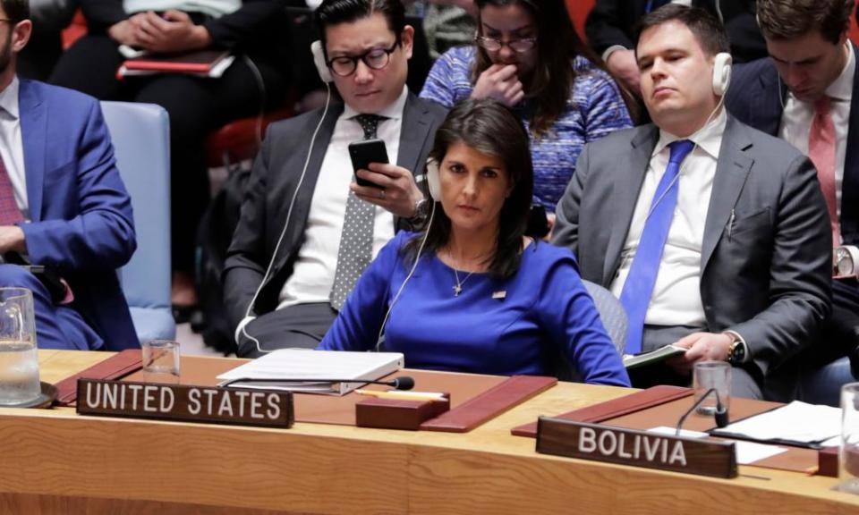 US ambassador to the United Nations, Nikki Haley, during a security council meeting on Sunday at the UN headquarters in New York City. 