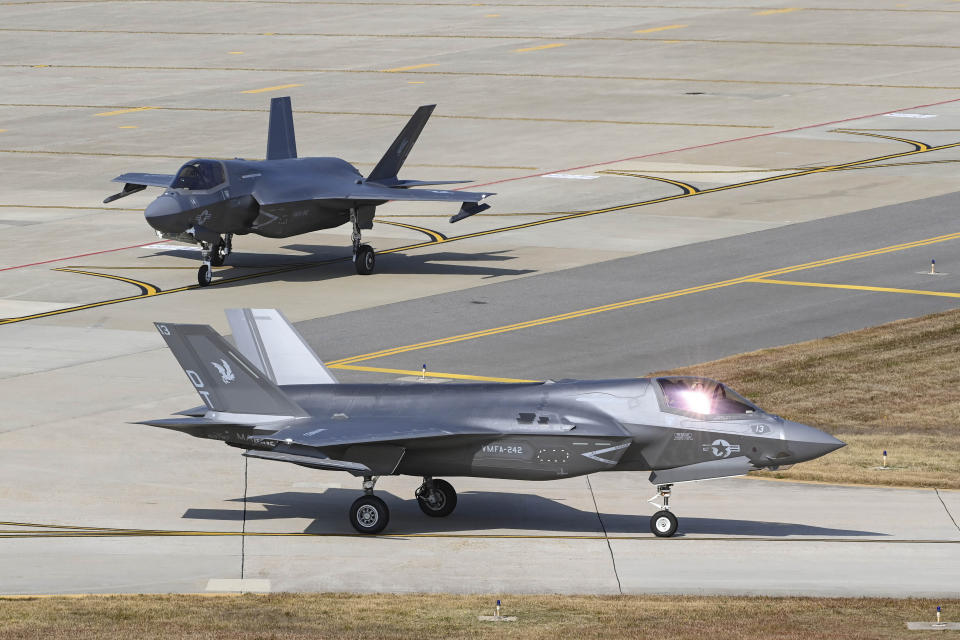 In this photo provided by the South Korea Defense Ministry, the U.S. Air Forces' F-35B fighter jets move during a joint aerial drills called Vigilant Storm between U.S and South Korea, in Gunsan, South Korea, Monday, Oct. 31, 2022. (South Korea Defense Ministry via AP)