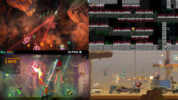 Clockwise from top left: Galak-Z, 1001 Spikes, Super Time Force, Guacamelee: Super Turbo Championship Edition.